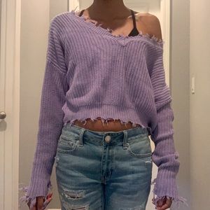 Forever 21, Small, Lavender, Ribbed Distressed Trim Sweater
